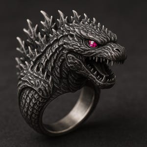 May include: A detailed, silver-toned ring featuring a sculpted dragon head with a menacing expression. The dragon has textured scales, sharp teeth, and a red gemstone eye. The ring's band is a simple, polished metal.