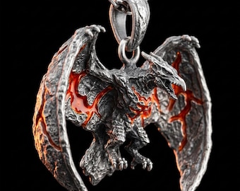 Silver Rodan Pendant Necklace – Fire-Glow Orange Accents – Fantasy Godzilla themed gift Jewelry Charm Gift