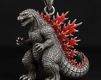 Collier pendentif Godzilla : Breloque Kaiju argentée à épines rouges