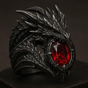 May include: A dark silver dragon ring featuring a large, oval, red gemstone. The dragon's head is the ring's focal point, with detailed scales and sharp features. The gemstone is set within an ornate bezel.