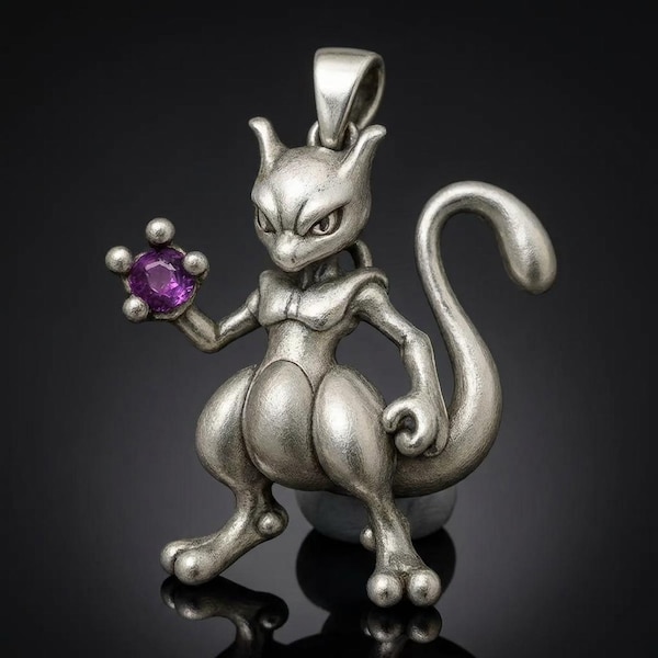 Mewtwo-Inspired Pendant – Silver Psychic Creature Jewelry with Purple Crystal