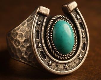 925 Sterling Silver Horseshoe Ring with Turquoise – Hammered Western Statement Ring, Unisex