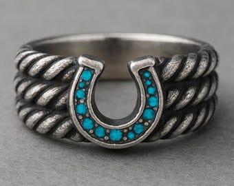 Sterling Silver Horseshoe Ring with Turquoise — Oxidized Rope Band Lucky Charm