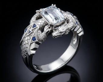 Sterling Silver Dragon Ring, White Topaz & Sapphire, Art Deco Fantasy