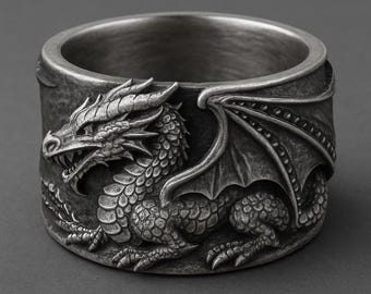 Wide Sterling Silver Dragon Ring, Oxidized Gothic Statement Band