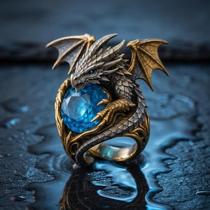 Drachenring: Antike Bronze- & Silberverpackung mit blauem Kristallstein