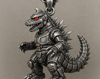 Mechagodzilla Sterling Silver Pendant – Red Eye Robot Kaiju Necklace