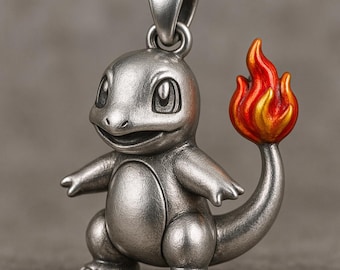 Colgante de Charmander de plata esterlina hecho a mano: collar de jugador con llamas de esmalte