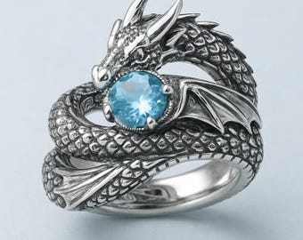 Sterling Silver Dragon Ring with Blue Stone, Fantasy Coil Dragon Band, Gothic Statement Jewelry