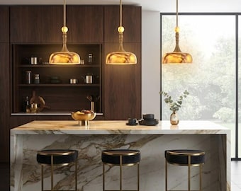 Keukenhanglamp, moderne handgemaakte hanglamp van steen en marmer, eetkamer, kroonluchterverlichting, plafonddecoratie