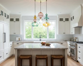 Hand Blown Glass Pendant Light, Custom Color Modern Chandelier for Kitchen Island, Handblown Hanging Art Glass Lamp, Dining Room Lighting