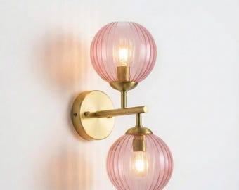 Fluted Glass Wall Sconce, Hand-Blown Solid Brass Vanity Light, Ribbed Glass Globe Bathroom Lighting, Custom Finishes
