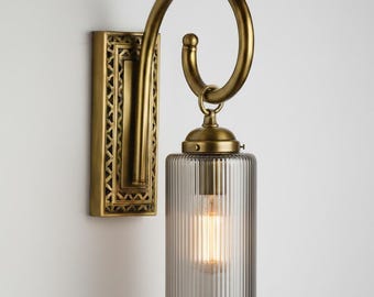 Handmade Glass Wall Sconce, Brass Vanity Light, Blown Glass Wall Art, Modern Bathroom Sconce, Hand Hammered Wall Light Fixture
