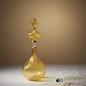 May include: A decorative golden glass perfume bottle with a detailed stopper. The bottle features a bulbous base with a spiral design and a long neck. A peacock feather rests on the surface beside the bottle.