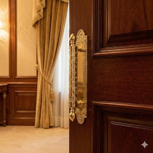 May include: A close-up of a dark brown wooden door with a decorative gold-colored handle. The handle has an ornate design with floral and scrollwork patterns. The door is partially open, revealing a glimpse of a room with beige curtains.