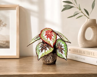 Handmade Embroidered Begonia, Ceramic Potted Fiber Art, Botanical Home Accent, Gift for Plant Lovers
