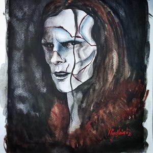May include: Watercolor painting of a pale face with cracked features and dark hair. The face has blue and white tones, with red lines accentuating the cracks. The background is dark, with a signature in the bottom right corner.