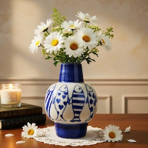 May include: A blue and white ceramic vase with a fish design holds a bouquet of white daisies with yellow centers. A lit candle in a glass jar and two books sit on a wooden table. A white doily and scattered daisy petals complete the scene.