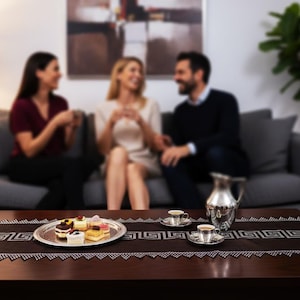Könnte beinhalten: Auf einem dunkelbraunen Tisch stehen ein silbernes Tablett mit Gebäck, zwei kleine Kaffeetassen und eine silberne Kanne. Der Tisch ist mit einem dekorativen Läufer mit geometrischem Muster bedeckt.