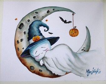 Tutorial de acuarela de fantasmas y lunas de Halloween: tutorial digital paso a paso