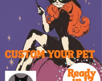 Halloween Witch Cat Digital Art – Retro Vintage Illustration, Spooky Cute Black Cat Printable Wall Decor