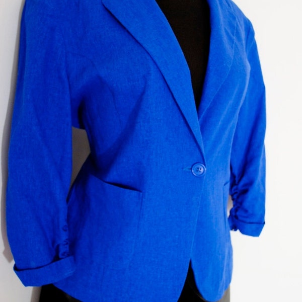 Royal Blue Linen Blazer Vintage Jacket Medium