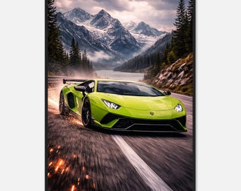 Supercar Mountain Wall Art | Luxury Sports Car Framed Poster | Lamborghini Style Print | Automotive Decor | Car Enthusiast Gift