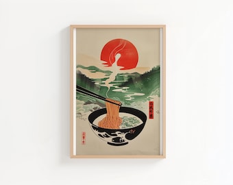 Japanese Ramen Bowl Wall Art – Retro Ukiyo-e Inspired Noodle Print, Asian Kitchen Decor, Vintage Food Poster