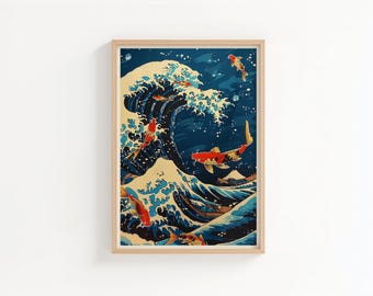 Stampa artistica da parete con pesce Koi dalla grande onda – Poster in stile giapponese Ukiyo-e, opera d'arte con carpa rossa e onda oceanica, arredamento per la casa in stile asiatico