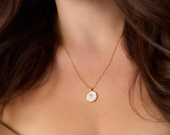 Gold Enamel Mini Cross Necklace, Christian Gift for Her, Religious Necklace
