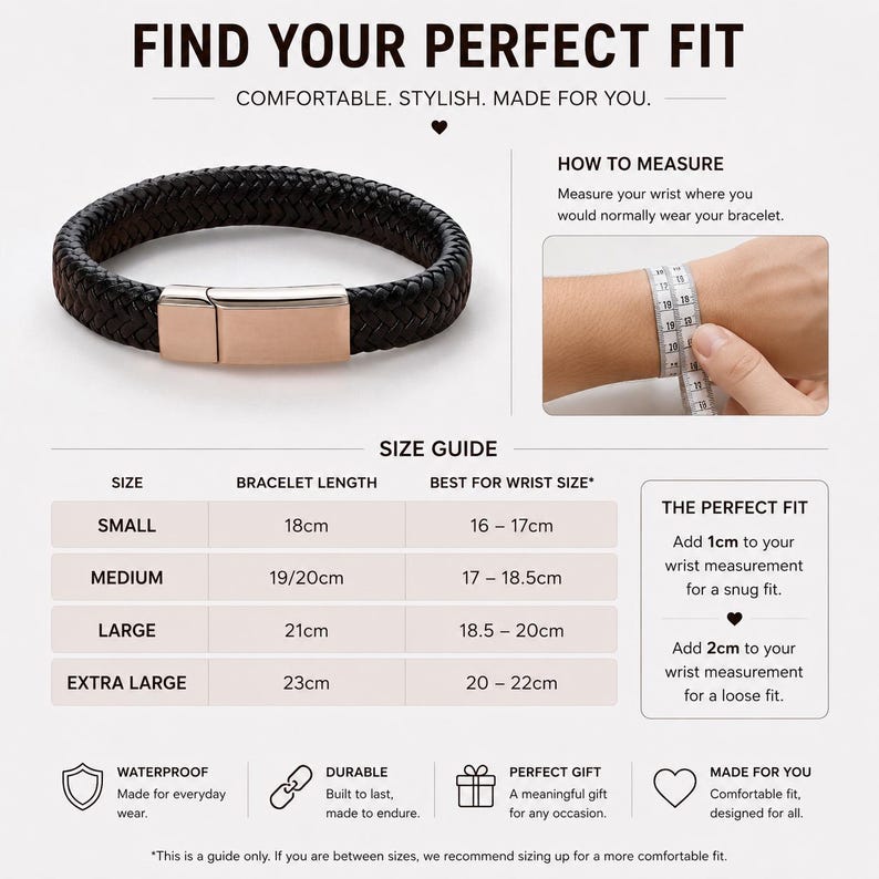 May include: A black braided bracelet with a metallic clasp. The image includes a size guide table with bracelet lengths from 18cm to 23cm and wrist size recommendations. Text includes FIND YOUR PERFECT FIT, HOW TO MEASURE, and sizing details.