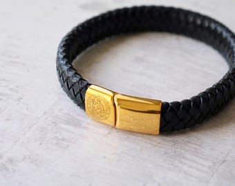 Saint Christopher Personalised Leather Bracelet Available in Gold or Rose Gold