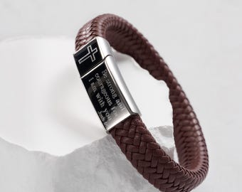 Religious Gift - Personalized Men's Cross & Bible Verse Leather Bracelet