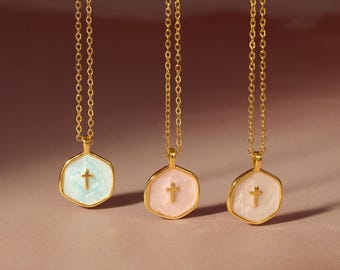 Gold Plated Enamel Cross Necklace - Christian Gift - Religious Jewellery
