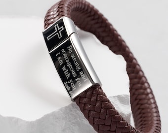 Regalo religioso: pulsera de cuero personalizada con cruz y versículo bíblico para hombre