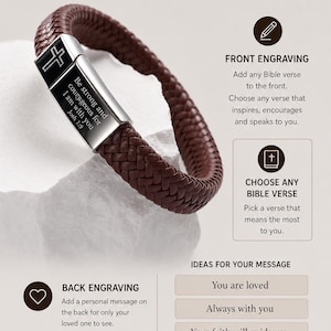 May include: A brown braided leather bracelet with a silver-tone metal clasp featuring a cross icon and the engraved text Be strong and courageous for I am with you Josh 1:9. The image includes text about front and back engraving options.