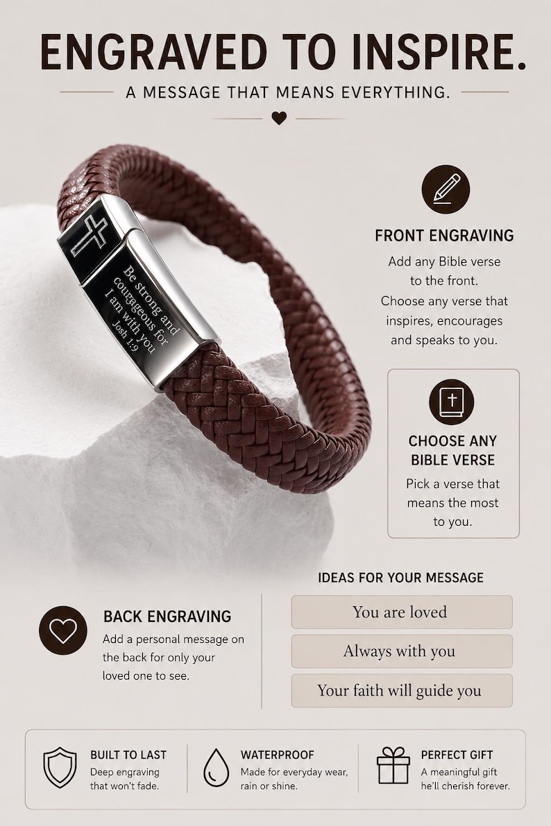May include: A brown braided leather bracelet with a silver-tone metal clasp featuring a cross icon and the engraved text Be strong and courageous for I am with you Josh 1:9. The image includes text about front and back engraving options.