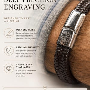 May include: A dark brown braided leather bracelet featuring a polished stainless steel clasp with a deep engraving of Saint Christopher. The image includes text detailing the deep precision engraving process and the durability of the metal finish.