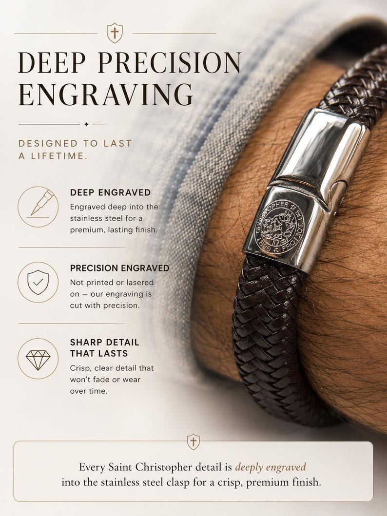 May include: A dark brown braided leather bracelet featuring a polished stainless steel clasp with a deep engraving of Saint Christopher. The image includes text detailing the deep precision engraving process and the durability of the metal finish.