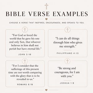 May include: A beige graphic display titled BIBLE VERSE EXAMPLES featuring four boxed quotes with small cross icons. The text includes John 3:16, Philippians 4:13, Romans 8:18, and Joshua 1:9, each presented in a clean, black serif font on a light background.