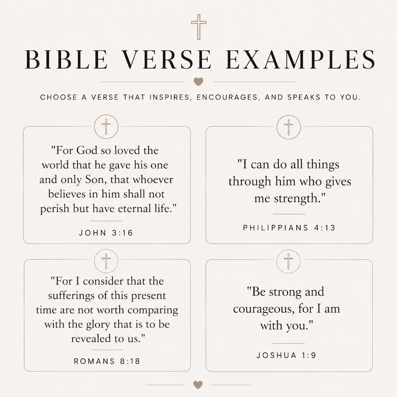 May include: A beige graphic display titled BIBLE VERSE EXAMPLES featuring four boxed quotes with small cross icons. The text includes John 3:16, Philippians 4:13, Romans 8:18, and Joshua 1:9, each presented in a clean, black serif font on a light background.