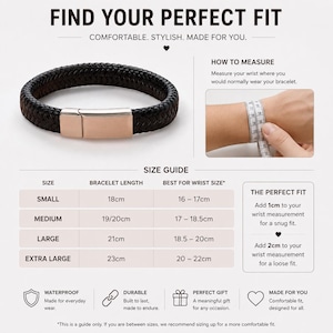 May include: A black braided bracelet with a metallic clasp. The image includes a size guide table with bracelet lengths from 18cm to 23cm and wrist size recommendations. Text includes FIND YOUR PERFECT FIT, HOW TO MEASURE, and sizing details.