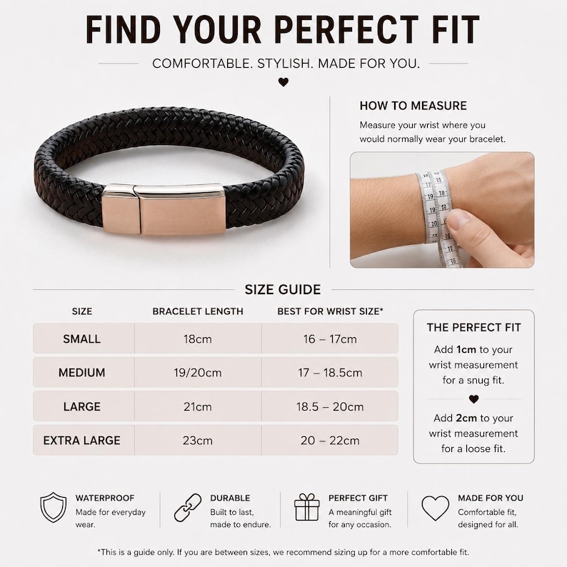 May include: A black braided bracelet with a metallic clasp. The image includes a size guide table with bracelet lengths from 18cm to 23cm and wrist size recommendations. Text includes FIND YOUR PERFECT FIT, HOW TO MEASURE, and sizing details.
