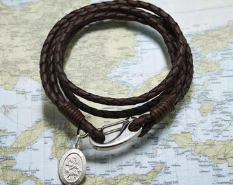 St. Christopher Leather Bracelet: Personalized Sterling Silver Catholic Gift