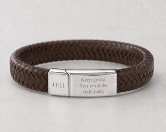 Personalised Angel Number Bracelet for Men, 11:11 Bracelet, Engraved Leather Bracelet, Hidden Message Gift for Him
