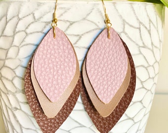 Layered Drop Earrings in Blush Pink and Brown- Vegan Leather