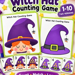 以下が含まれることがあります： Witch Hat Counting Gameの知育教材セット。2枚の大きなプリント用シートと、1から6までの数字が書かれた6枚の小さなカードが含まれています。紫色の魔女の帽子、オレンジ色の髪のキャラクター、小さなクモのイラストが描かれています。