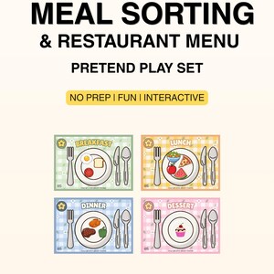 以下が含まれることがあります： 子供向けの「Meal Sorting & Restaurant Menu Pretend Play Set」というタイトルの印刷可能なPDF。朝食、昼食、夕食、デザートのイラストが描かれた4つのプレースマットが含まれています。「No Prep | Fun | Interactive」というテキストが含まれています。