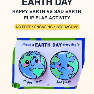 Peut inclure: Une feuille d'activité imprimable pour la Journée de la Terre avec le texte "Earth Day" et "Happy Earth vs Sad Earth Flip Flap Activity". La feuille présente deux planètes Terre de dessins animés, une joyeuse et une triste.
