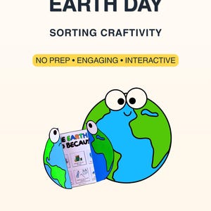 以下が含まれることがあります： 「アースデイ」をテーマにした印刷可能なPDF。テキストは「Earth Day Sorting Craftivity」です。画像には、漫画の地球と並べ替えアクティビティシートが描かれています。テキストには「No Prep, Engaging, Interactive」が含まれています。